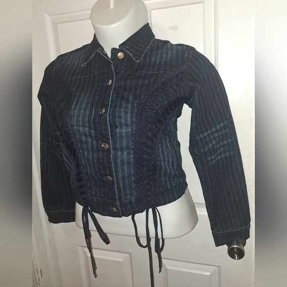 🆕️Y2k Crest Striped Lace Up Demin Cropped Jacket NWT Sz L - Picture 4 of 14